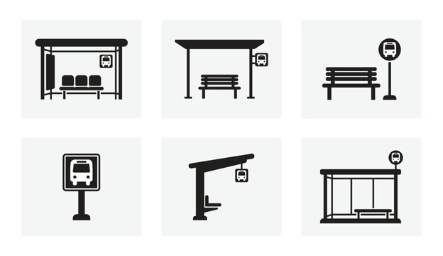 Black public transport shelter, passenger bench, and bus station signpost. urban transit infrastructure elements isolated. vector  illustration.