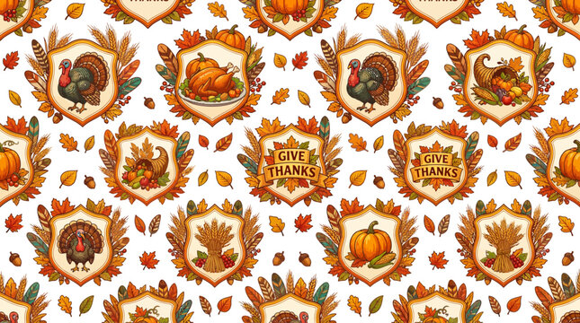 thanksgiving day seamless pattern with autumn leaves and harvest food