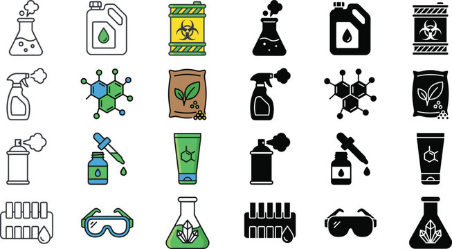 Chemical laboratory research biohazard toxic industry fertilizer cosmetics science experiment line silhouette icons flat vector set design