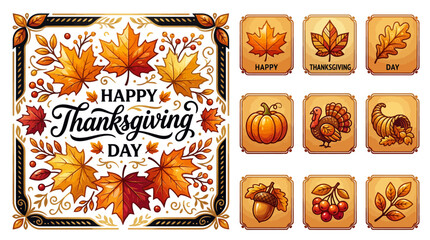 Fototapeta premium thanksgiving day, autumn leaves, pumpkin, turkey