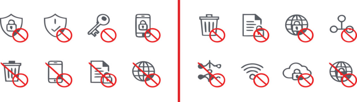Ban VPN and security restriction icons editable stroke. Access denied vector set. Blocked internet and firewall prohibition line art symbols. No VPN allowed icons, Network security warning symbols.AI