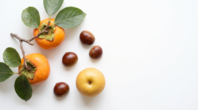 Japanese autumn fruit persimmon chestnut and nashi pear flat lay white