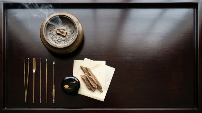 Japanese incense ceremony kodo utensils flat lay overhead on dark tray