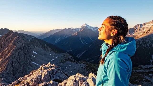A joyful woman wearing a bright blue jacket stands on a high rocky summit to admire the breathtaking panoramic view of the rugged alpine peaks glowing under the warm golden light of the early