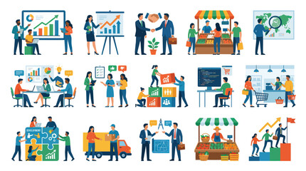 Naklejka premium Modern Flat Business Concepts Collection: Professional Teamwork, Finance, Marketing, and Entrepreneurship Activities