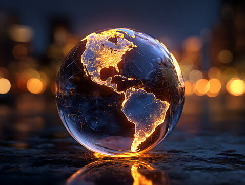 Glass sphere of earth with glowing city lights showing North and South America continents at night.
