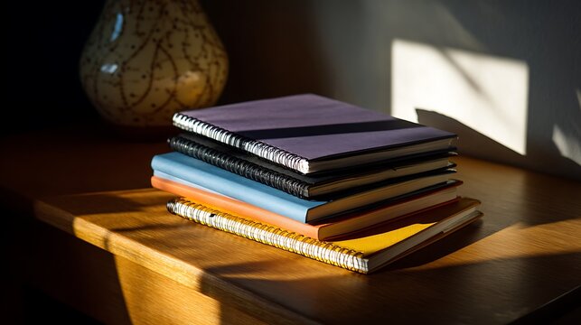 A stack of colorful notebooks resting on a wooden table in soft sunlight.