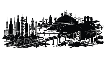 Futuristic spaceport with rockets on launch pads during sunset for exploration © Mst