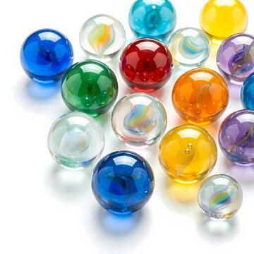 Colorful glass marbles with reflections isolated on white background, retro glossy toy spheres with transparent inner swirl patterns, copy space.