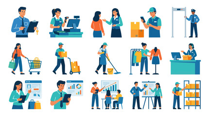 Fototapeta premium Flat Style Business People Icons - Retail, Logistics, Security, Cleaning, Fashion