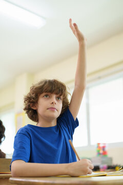 Confident schoolboy raises his hand to answer a classroom question, showing active participation, curiosity, and engagement in a positive learning environment.