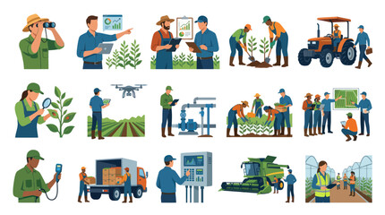 Fototapeta premium Flat Style Illustration of Farmers and Agricultural Technology in Modern Farming