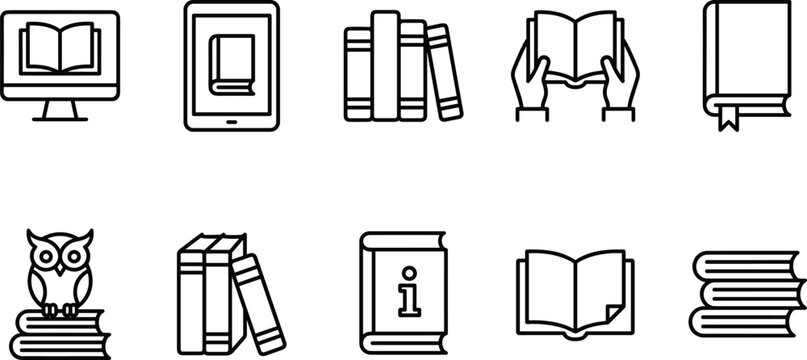 Book and reading icons with computer ebook stack of books hands holding open book owl on books.