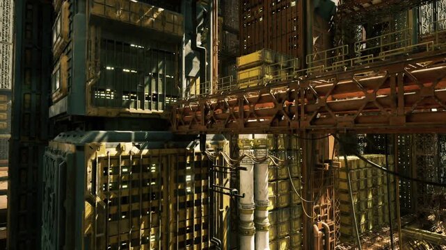 labyrinthine industrial maze offering deep perspective and repeating modules, layered walkways and pipe clusters create rhythmic geometry and cinematic depth
