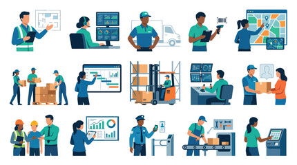 Fototapeta premium Logistics, Supply Chain Warehouse Management Flat Vector Illustration Set