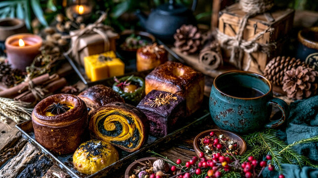 Assorted gourmet pastries and dark coffee with holiday decor and pine cones, breakfast
