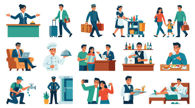 Flat Design Hotel Staff and Guests - Hospitality Industry Vector Icons