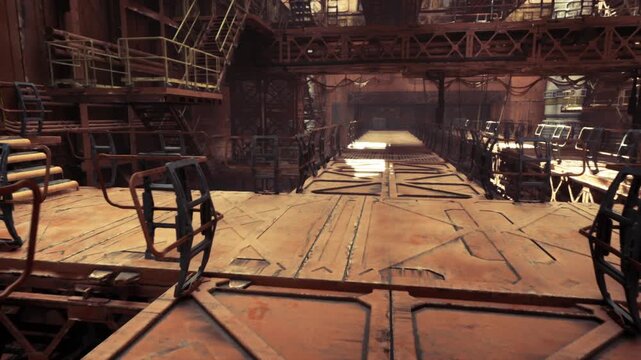 industrial maintenance walkway under warm light, visible pipes and control panels, oil stains and toolcases, focused practical atmosphere suited to technician