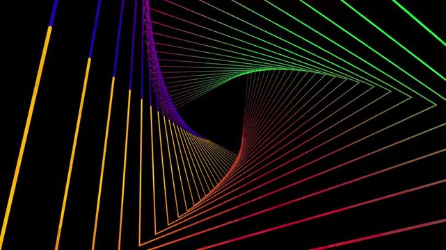 Futuristic Neon Rainbow Square Tunnel Animation with Hypnotic Spiral Geometry, Endless Depth Illusion, Glowing Abstract Motion Background, Seamless Loop, 4K Motion Graphics