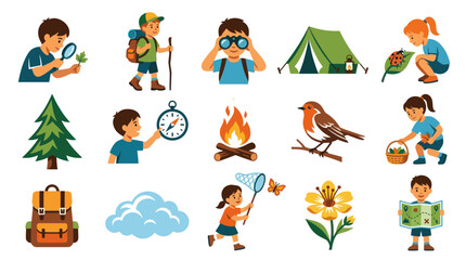 Fototapeta premium Children Nature Exploration and Outdoor Camping Flat Vector Illustration Icon Set