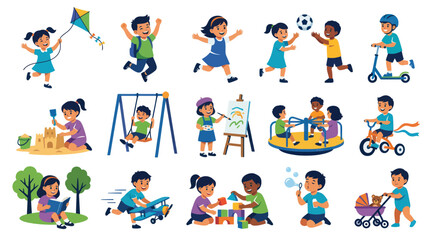 Fototapeta premium Flat Vector Illustration of Happy Diverse Kids Playing Outdoor Activities and Toys
