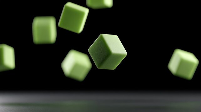 Green cubes falling with motion blur in dark space.