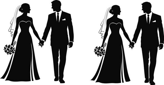 Wedding icon silhouette couple bride groom holding hands design