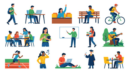 Fototapeta premium Flat Design Vector Illustration of Students Engaged in Various Educational Activities