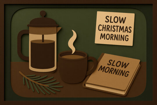 Cozy slow Christmas morning scene with french press, ceramic mug, pine sprig, and journal on wooden shelf in warm espresso brown and forest green tones