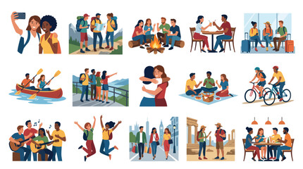 Fototapeta premium Friends and People Enjoying Leisure, Travel, and Social Activities - Flat Vector Illustration Set