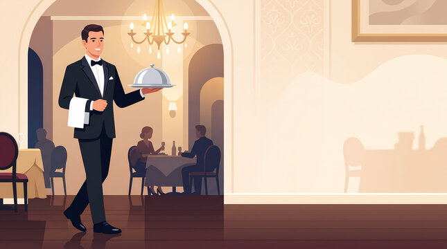 Minimalist flat vector art of a smiling waiter serving food with a silver dome tray in a luxury restaurant