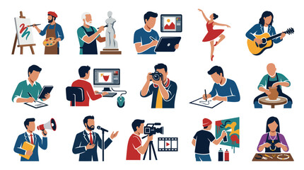 Fototapeta premium Flat Style Icons of People Engaged in Various Creative Arts and Hobbies