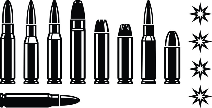 Ammunition Bullet Icon Set with Various Caliber Cartridges and Gunshot Spark Symbols in Black Silhouette Style Isolated on White Background