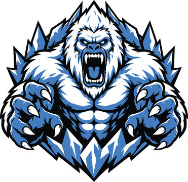 Aggressive yeti mascot vector logo, fierce abominable snowman head with sharp claws and ice peaks for esports gaming team, ice hockey and clothing POD design