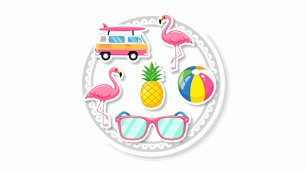 Fototapeta premium Summer vacation icons, flamingo, pineapple, beach ball, sunglasses, van