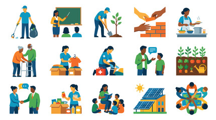 Fototapeta premium Community Service Volunteering Flat Illustration: People Helping, Social Work, Charity, Education, Sustainability Activities