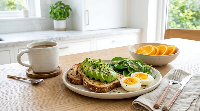 Healthy avocado toast with boiled eggs and fresh spinach served on a kitchen table for breakfast. decaf health perks
