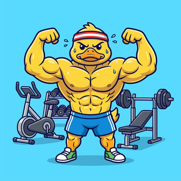 Bodybuilder yellow duck mascot flexing muscles cartoon
