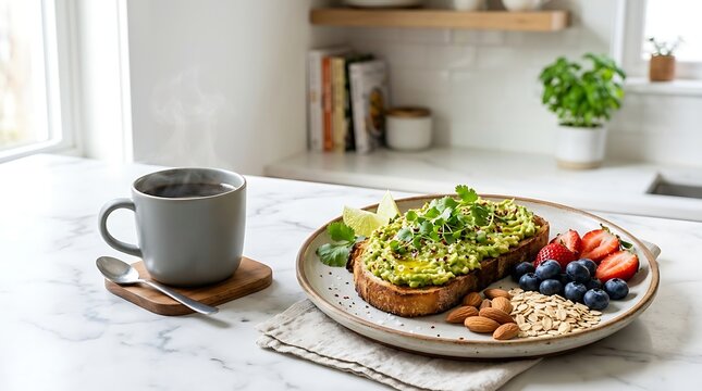 Healthy avocado toast with fresh berries and almonds on a plate for breakfast with a cup of coffee. decaf health perks