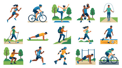 Fototapeta premium Flat Vector Illustration of Diverse People Exercising Outdoors, Engaging in Various Sports Fitness Activities for Healthy Lifestyle