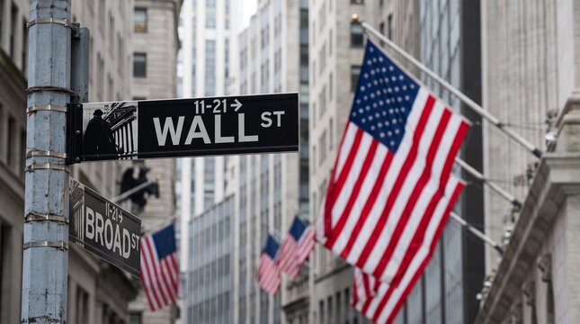 Wall Street and Broad Street Signs with American Flags in New York Financial District