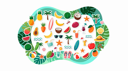 Naklejka premium Tropical Summer Vacation Icons - Fruits, Beach, Drinks, and Fun