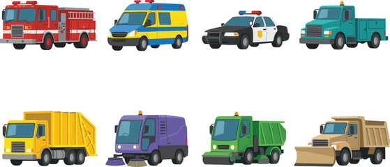 Emergency Services and Municipal City Vehicles Flat Color Vector Illustration Bundle Set on White Background © Raju
