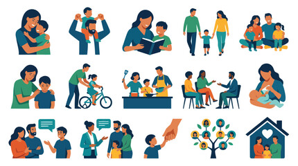 Fototapeta premium Flat Vector Icons of Diverse Family Life and Activities