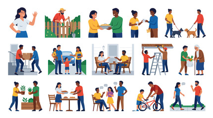 Fototapeta premium Flat Vector Set of Diverse People Doing Various Activities, Community, Family, Work