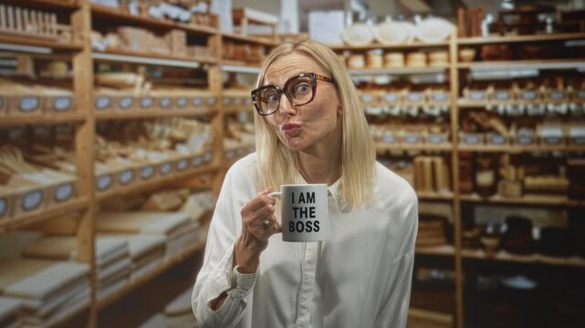 Woman holding mug that reads i am the boss, puckering lips in an artisan bakery aisle with wooden shelves and loaves; confidence authority.