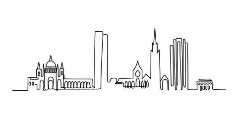 Fototapeta premium Continuous single line drawing of a city skyline with tall buildings and historic architecture isolated on a plain white background Vector, illustration