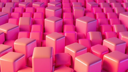 Obraz premium Pink cubes cover surface. Glossy reflections create depth, contrast against dark background. Minimalist design, modern aesthetic.
