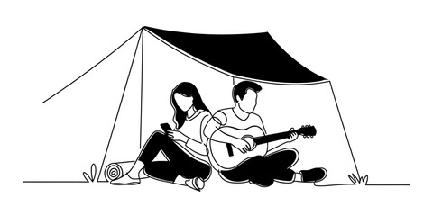 Young couple sitting in a tent camping together with a guitar and smartphone in a simple black and white line art drawing style Vector, illustration © Design bundle Press