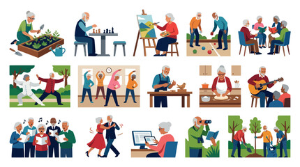 Fototapeta premium Active Senior Lifestyle Flat Vector Illustration Set: Elderly People Enjoying Hobbies and Social Activities